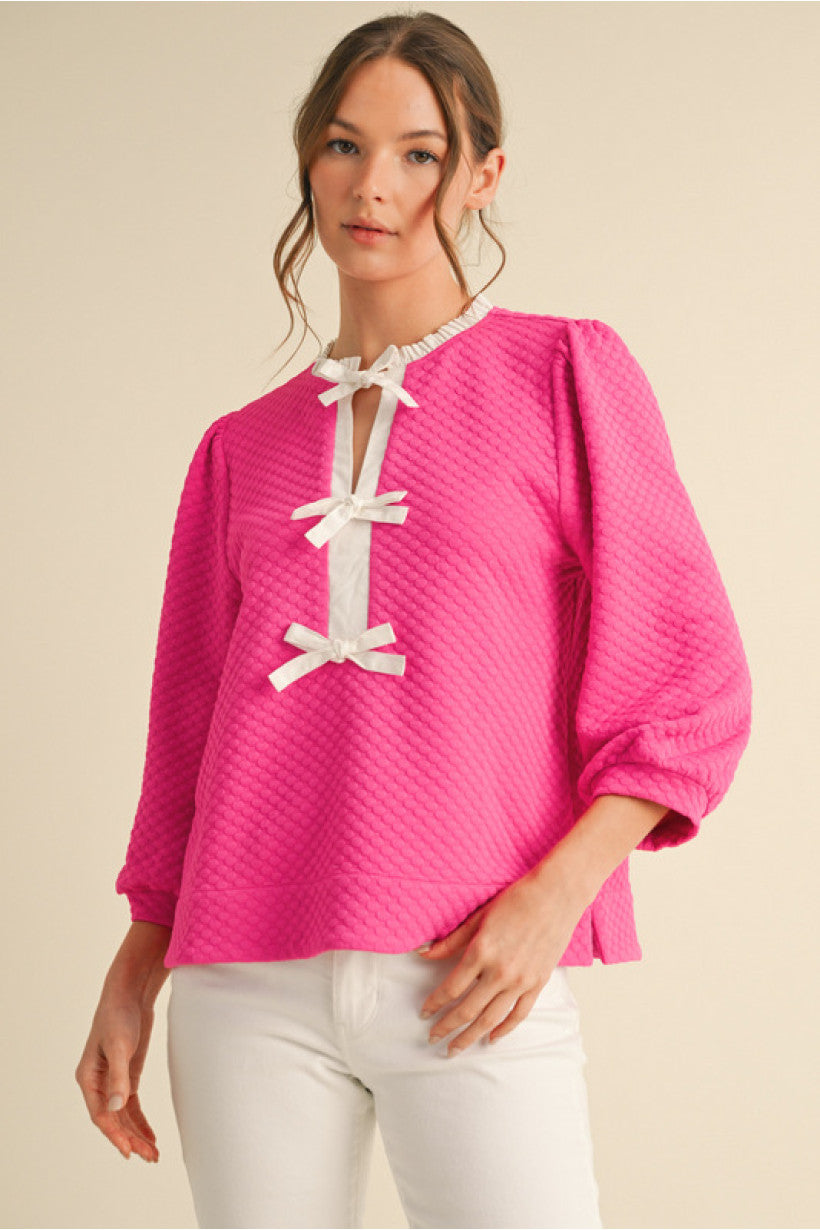 Bow-tiful Embossing Textured Top In Pink