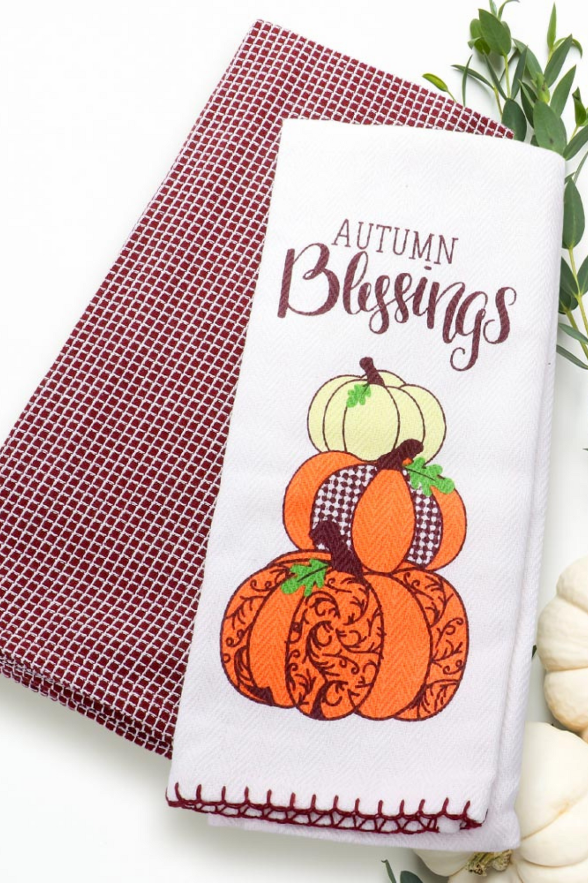 Autumn Blessing Pumpkin Printed Gingham Kitchen Towel Set