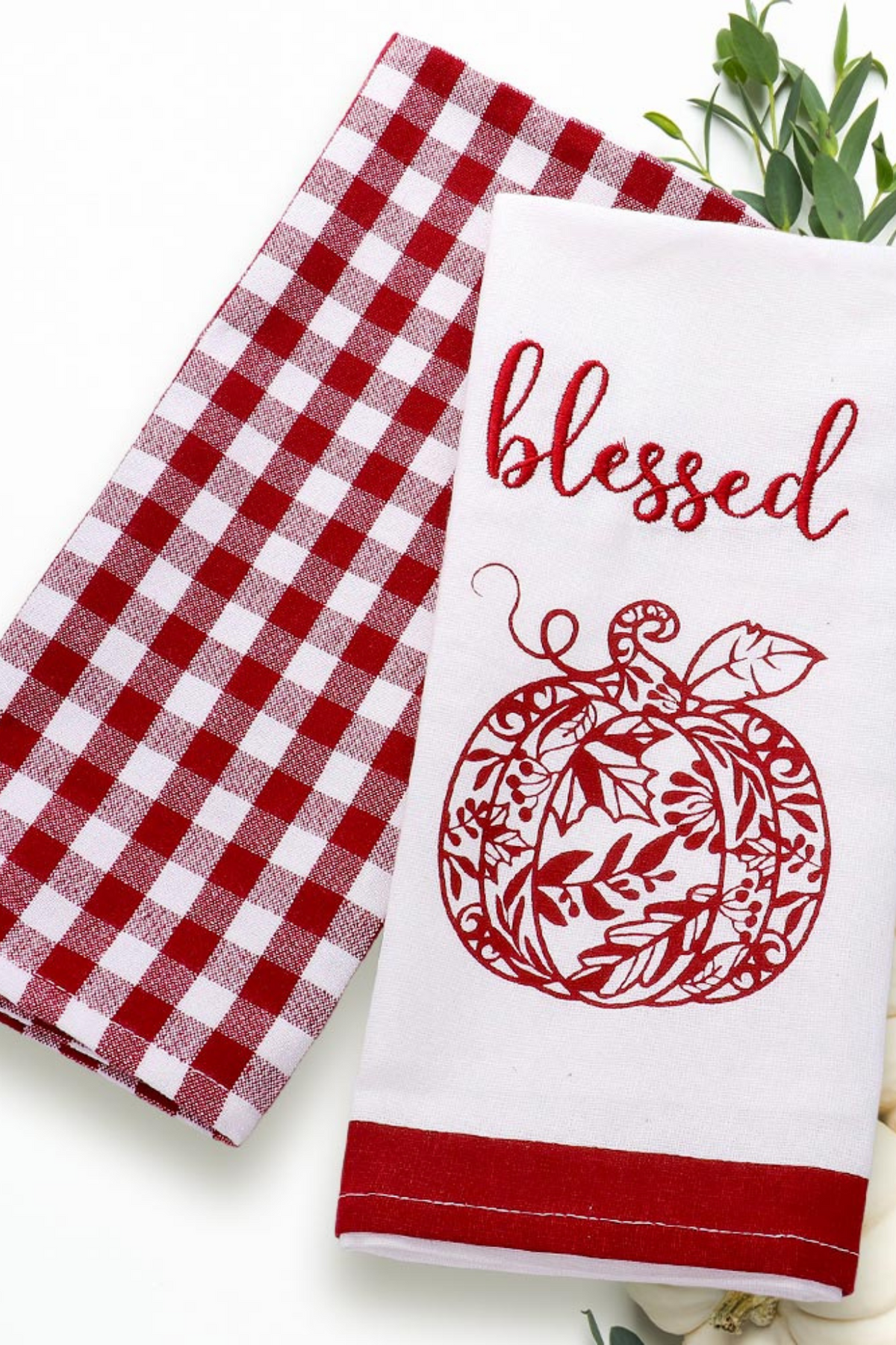 Blessed Pumpkin Printed Checkered Pattern Kitchen Towel Set