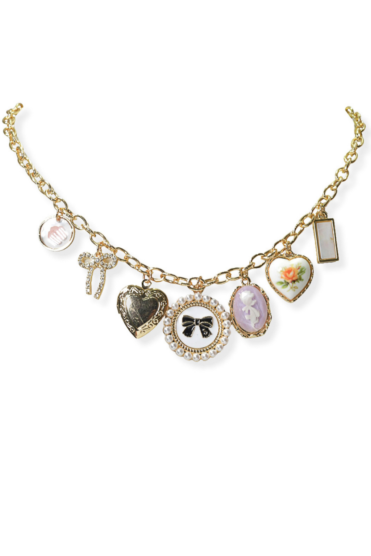 Bow Accent Flower & Heart Multi Charm Necklace