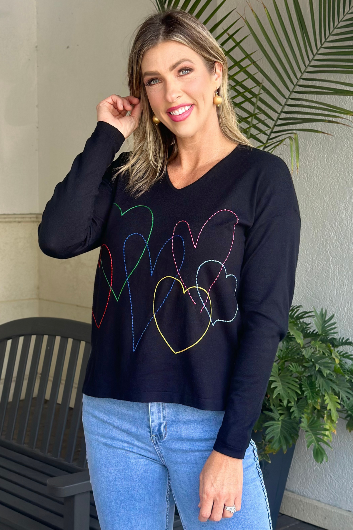 Charlie B Black Heart Stitch V-Neck Basic Sweater