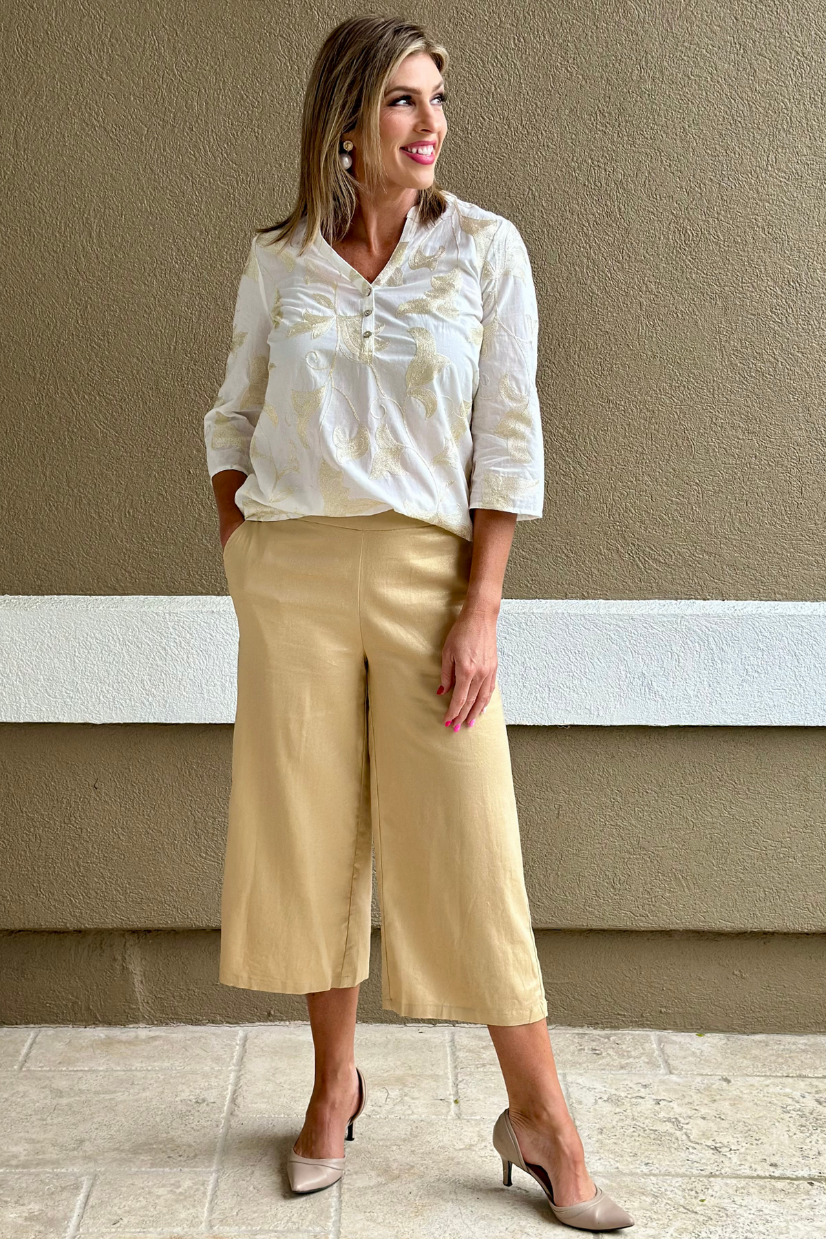 Charlie B Gold Pull On Foil Linen Stretch Pants