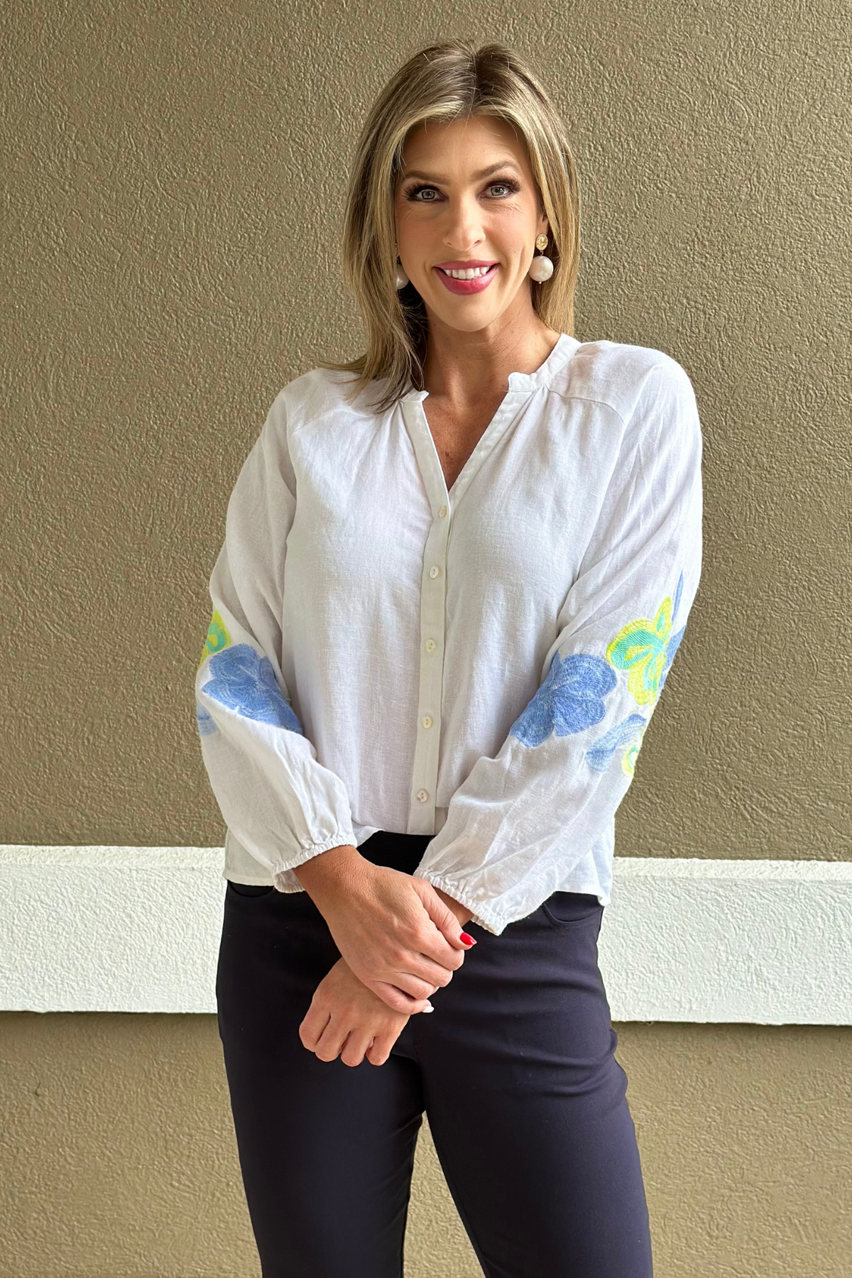 Charlie B Anise Embroidered Linen Blend Blouse