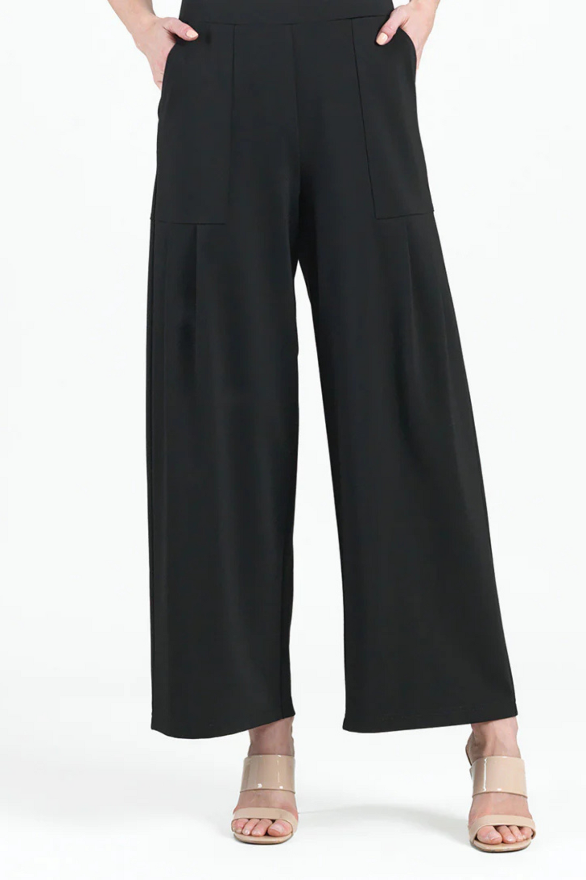 Clara Sunwoo Black Ponte Knit Pleated Wide Leg Pocket Pant