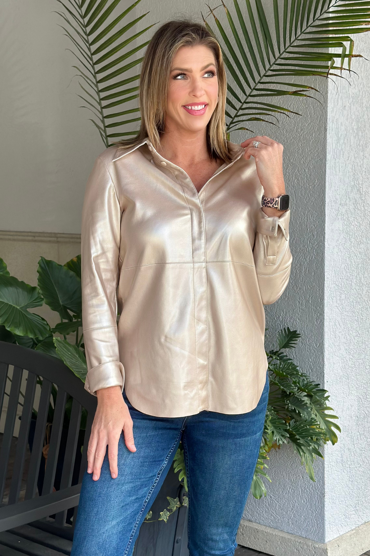 Photo Worthy Pale Gold Metallic Faux Leather Button-Up Shirt