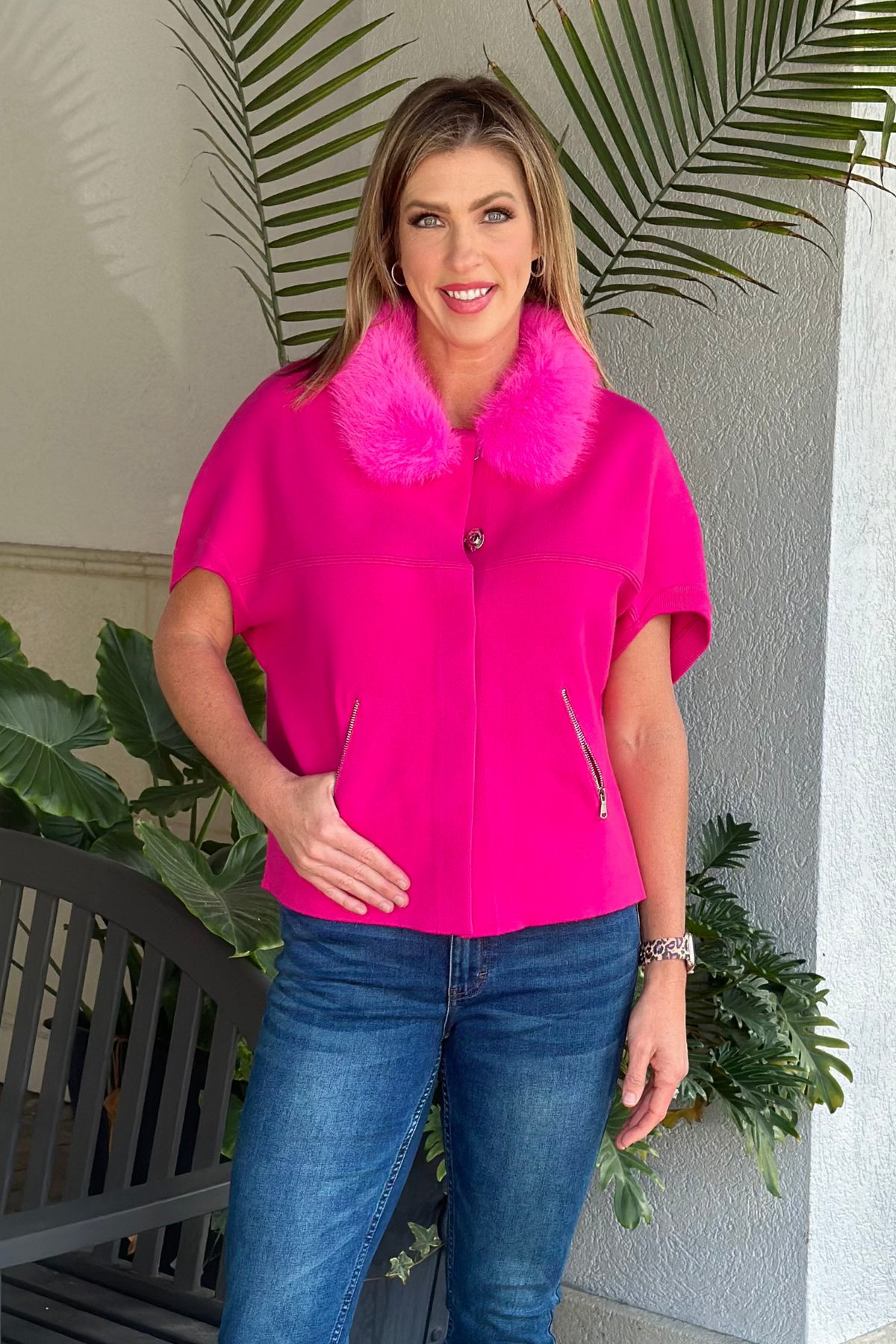 Dolce Cabo Faux Fur Collar Short Sleeve Cardigan-Hot Pink