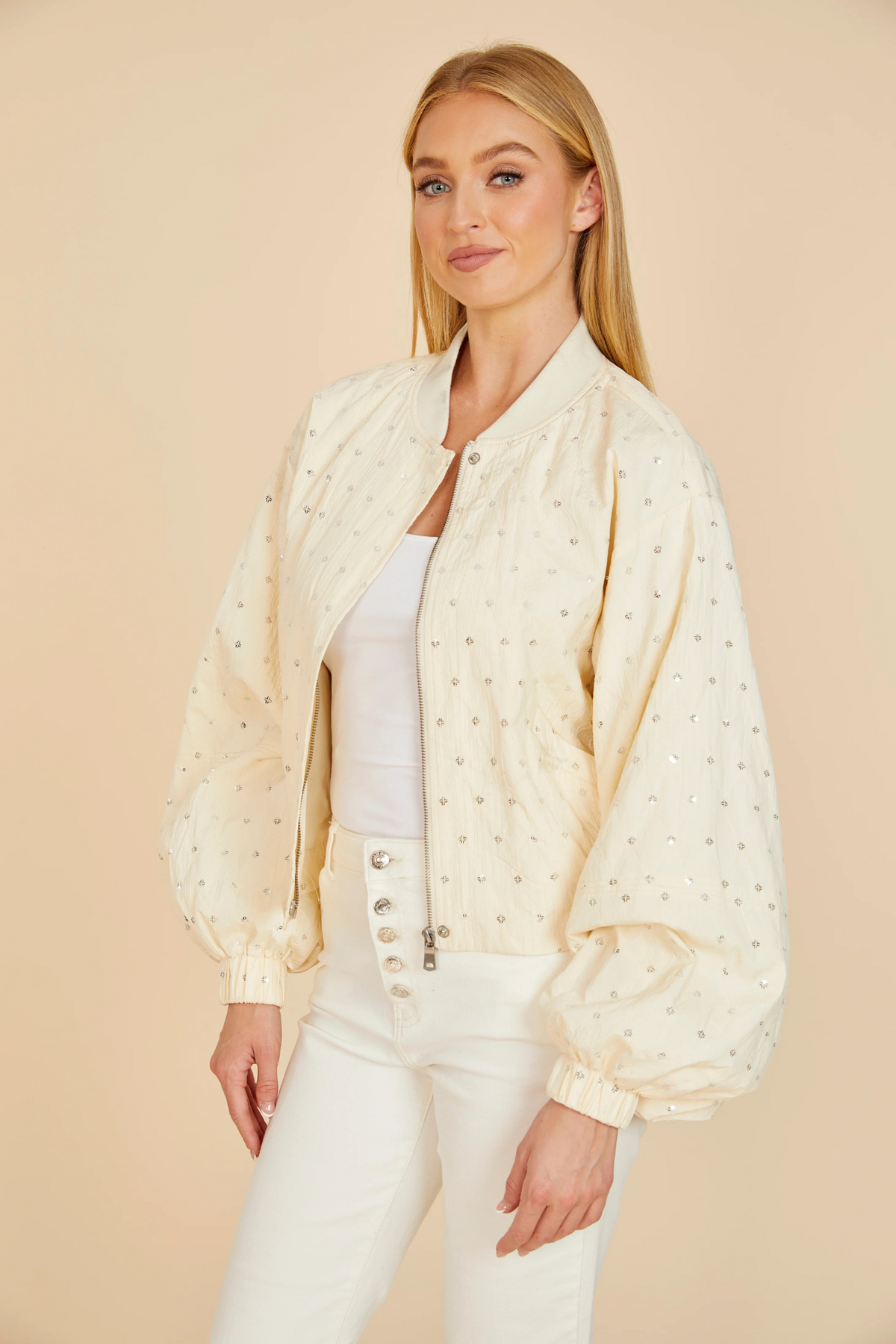 Dolce Cabo Ivory Embellished Balloon Sleeve Jacket