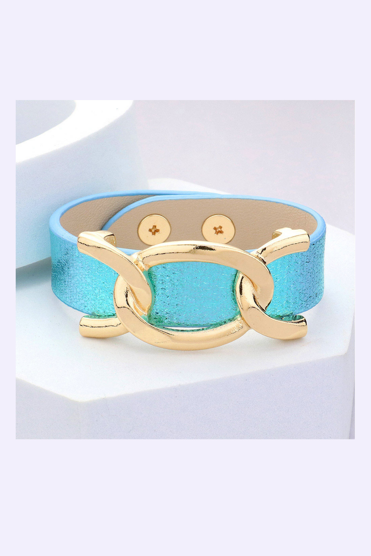 Faux Sparkle Leather Metal Link Accented Snap Bracelet