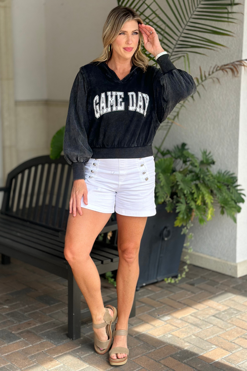 Game Day Mineral Washed Long Sleeve Pullover Top-Black