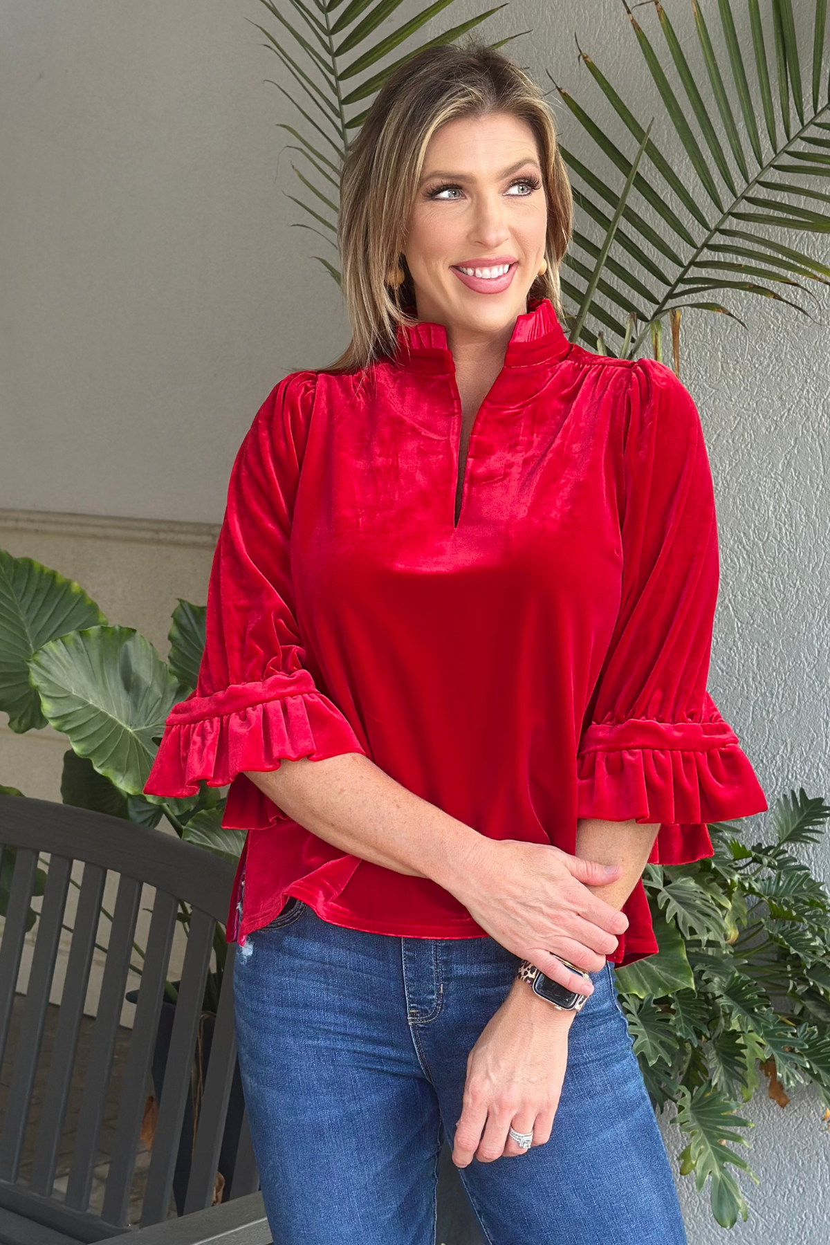 Gretchen Scott Red Silky Velvet Ruffle Neck Tunic