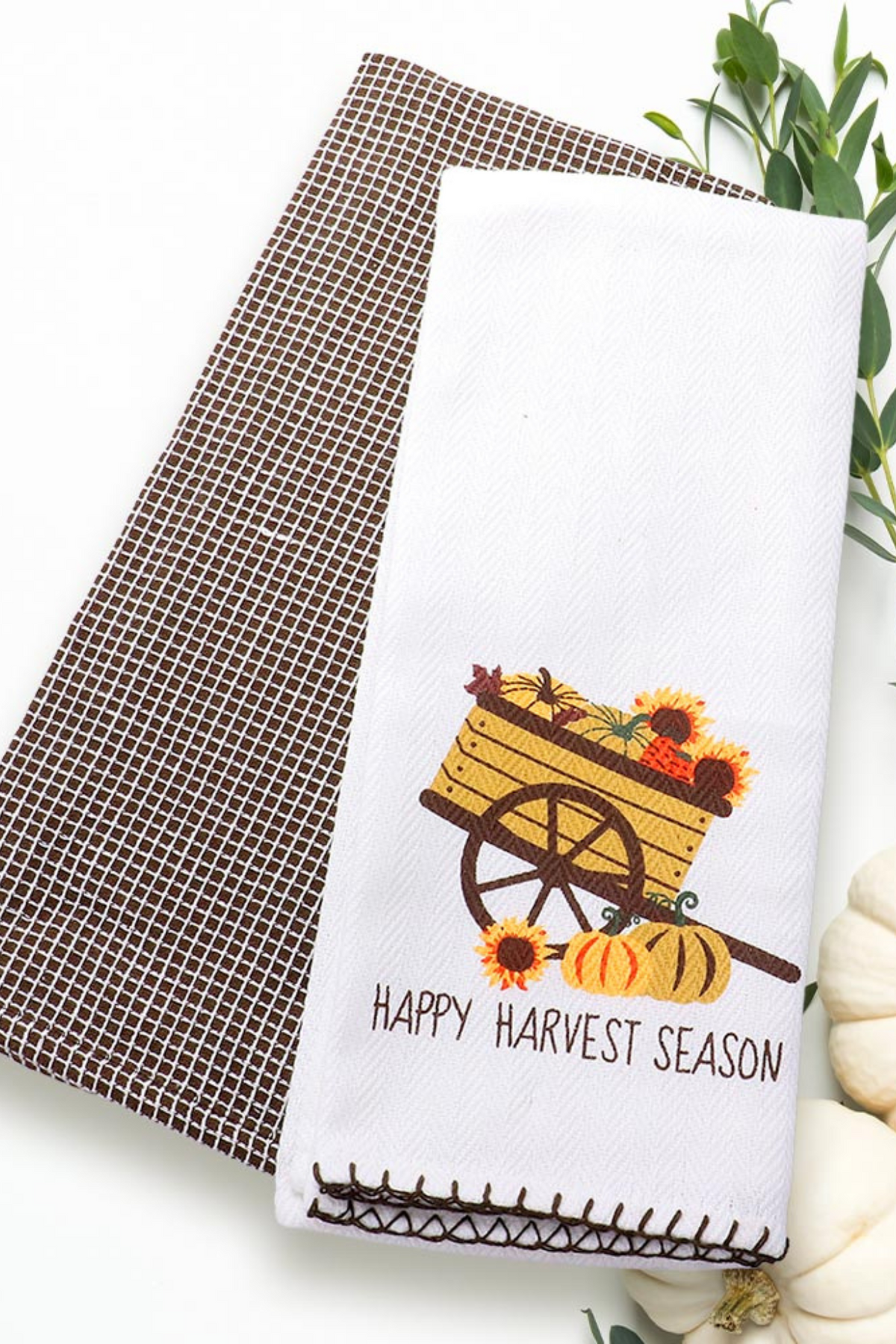 Happy Harvest Season Sunflower Cart Printed Gingham Kitchen Towel Set