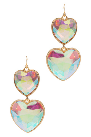 Crystal Stone Double Heart Link Dropdown Earrings