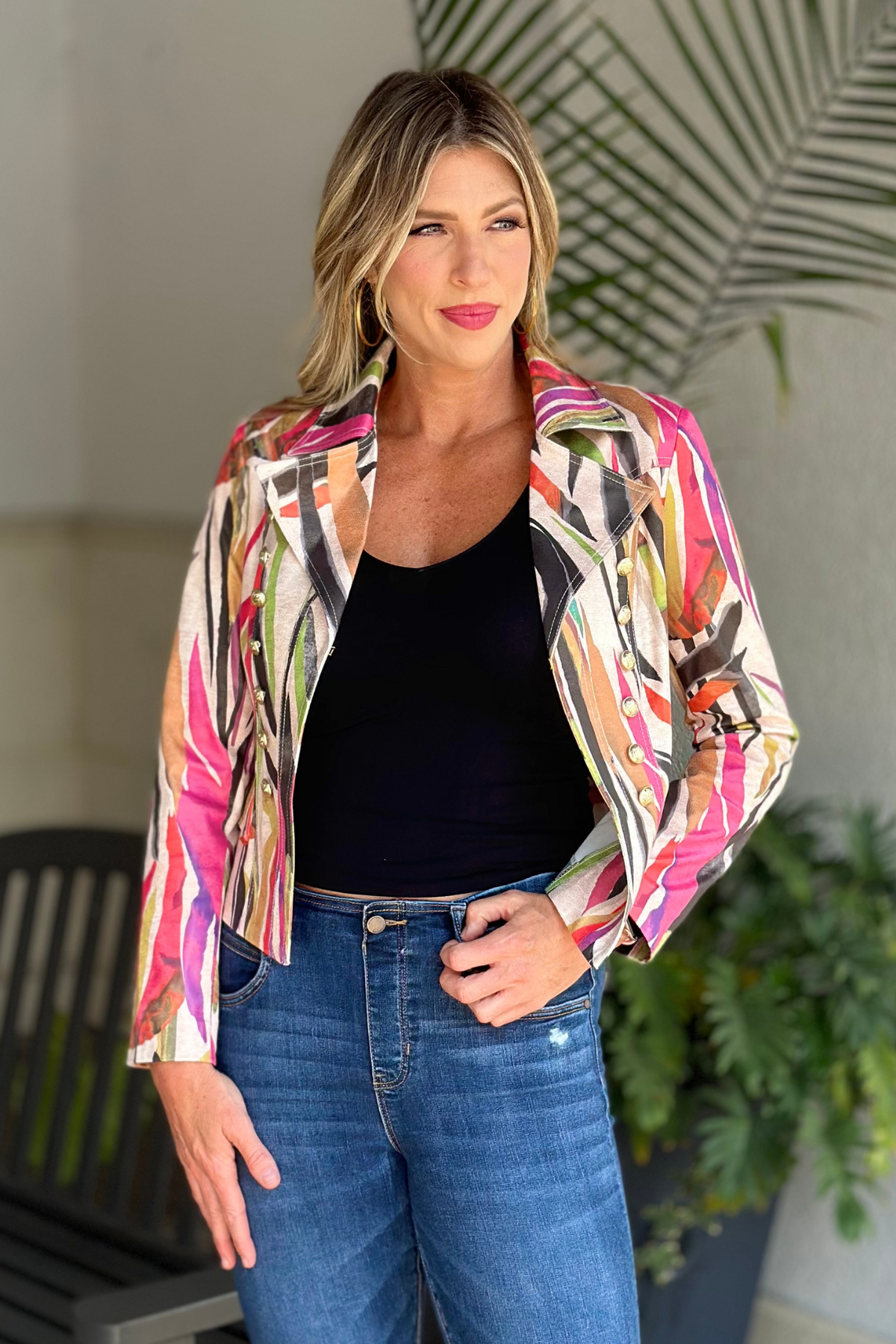 Insight Metallic Tropical Lines Print Moto Jacket