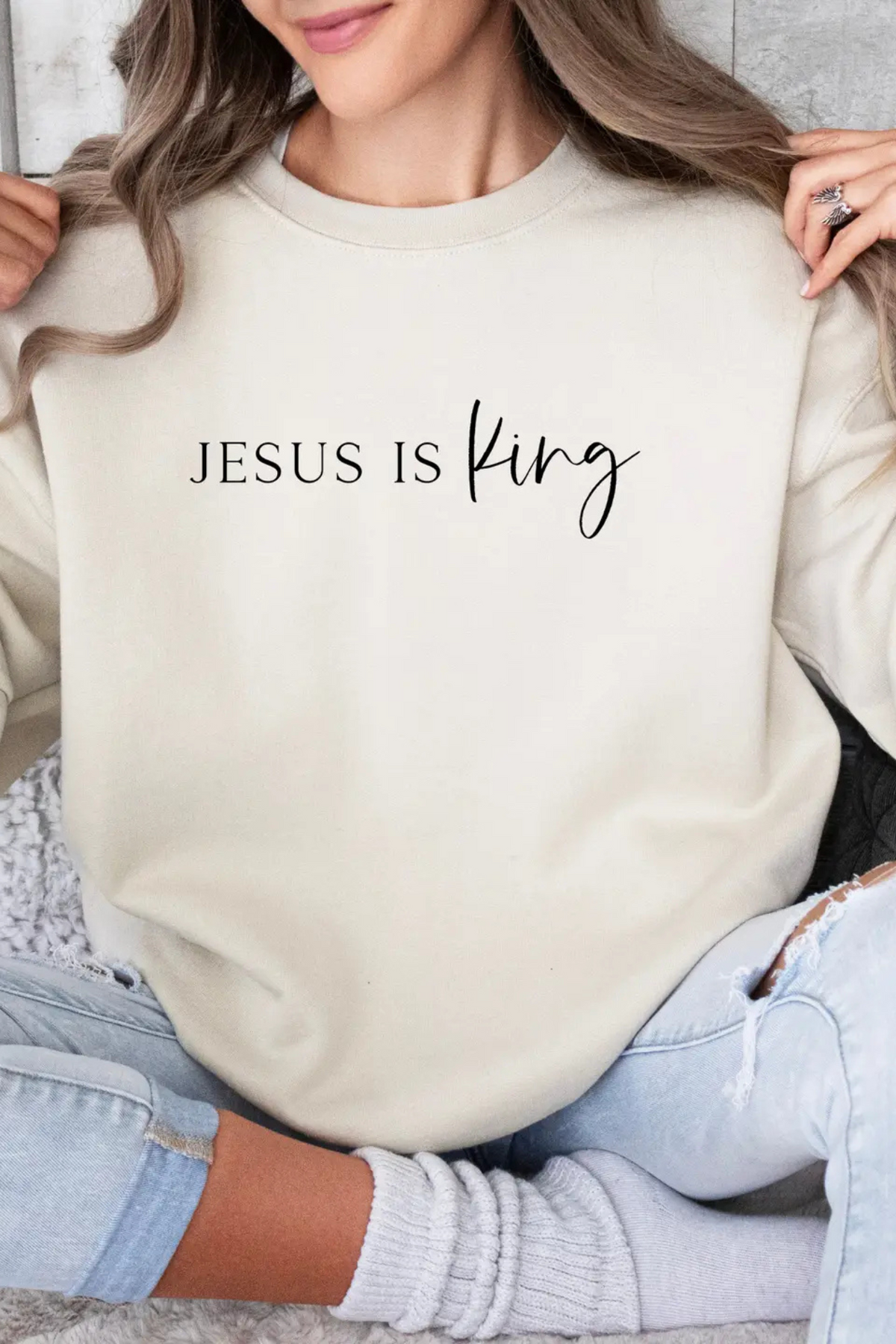 Jesus Is King Graphic Sweatshirt-Sand