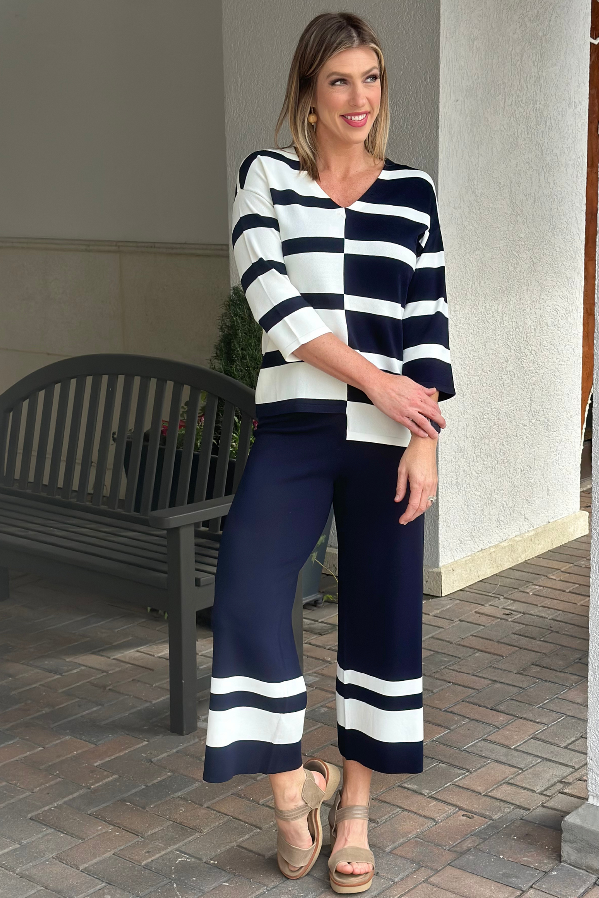 Joseph Ribkoff Navy Casual Striped V-Neck Pullover