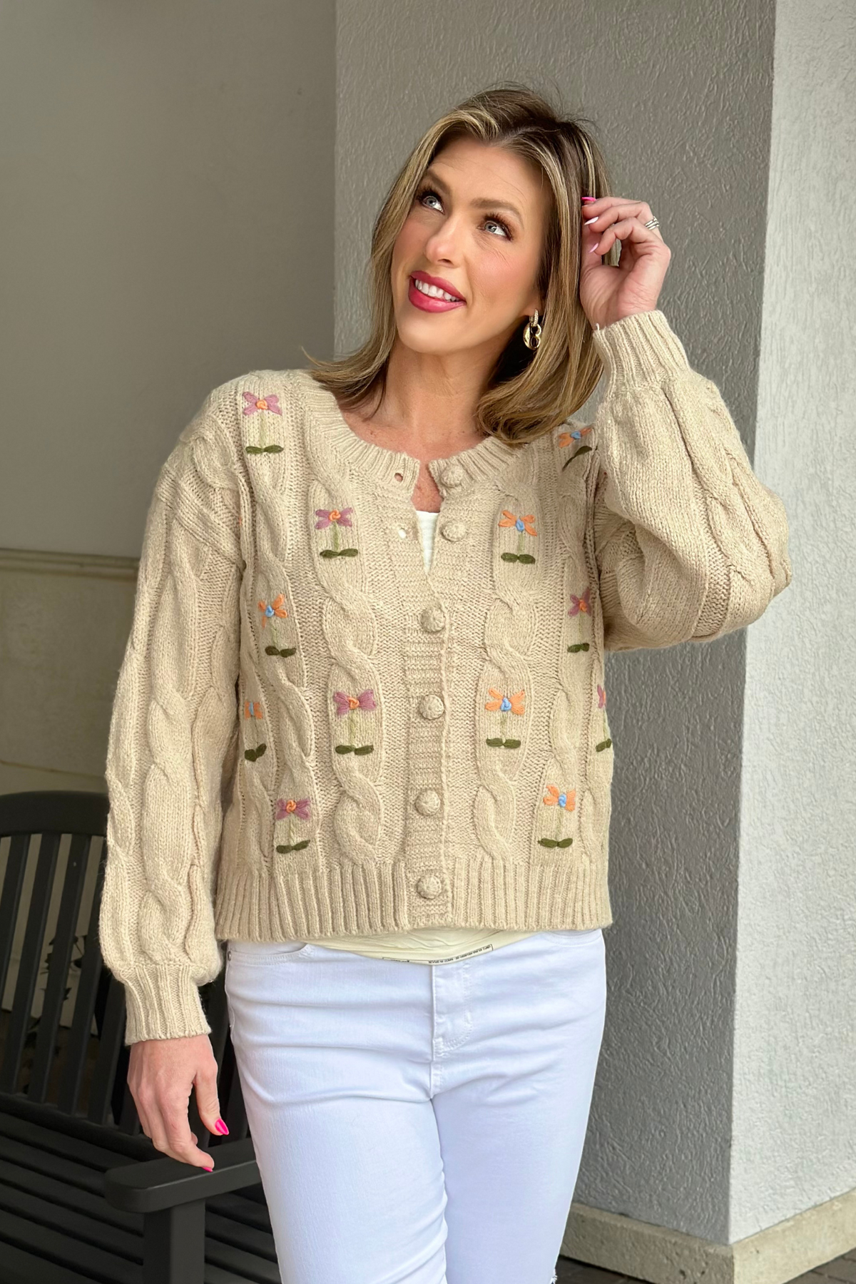 Daisy Embroidered Cable Knit Cardigan