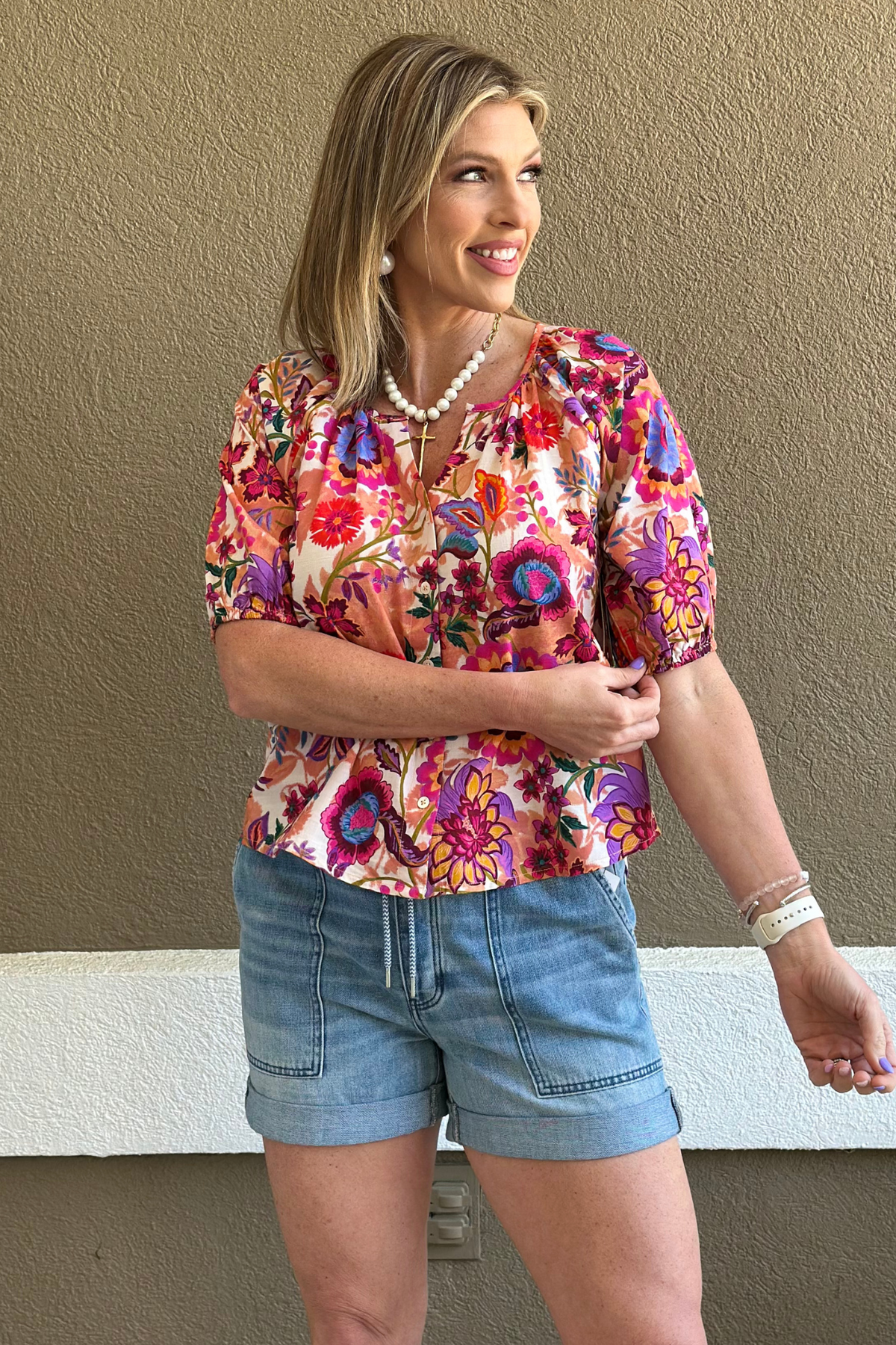 Liverpool Tropical Bloom Button-Front Blouse