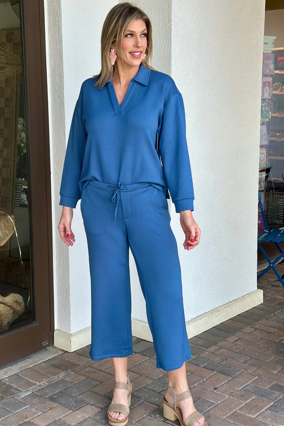 Liverpool Prussian Blue Pull On Wide Leg Crop Pant