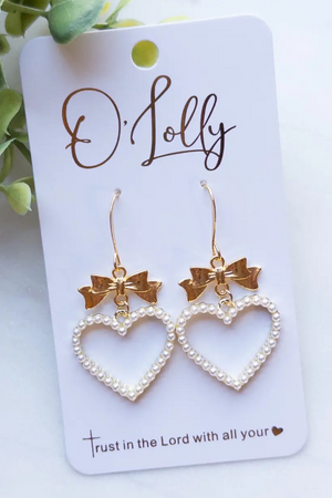 Golden Bow & Pearl Heart Dangle Earrings