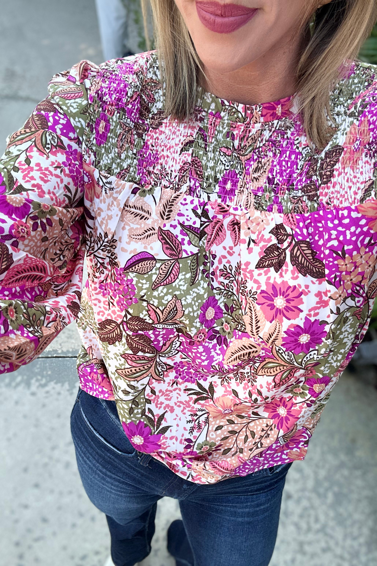 Autumn Colors Floral Print Smocked Neckline Blouse