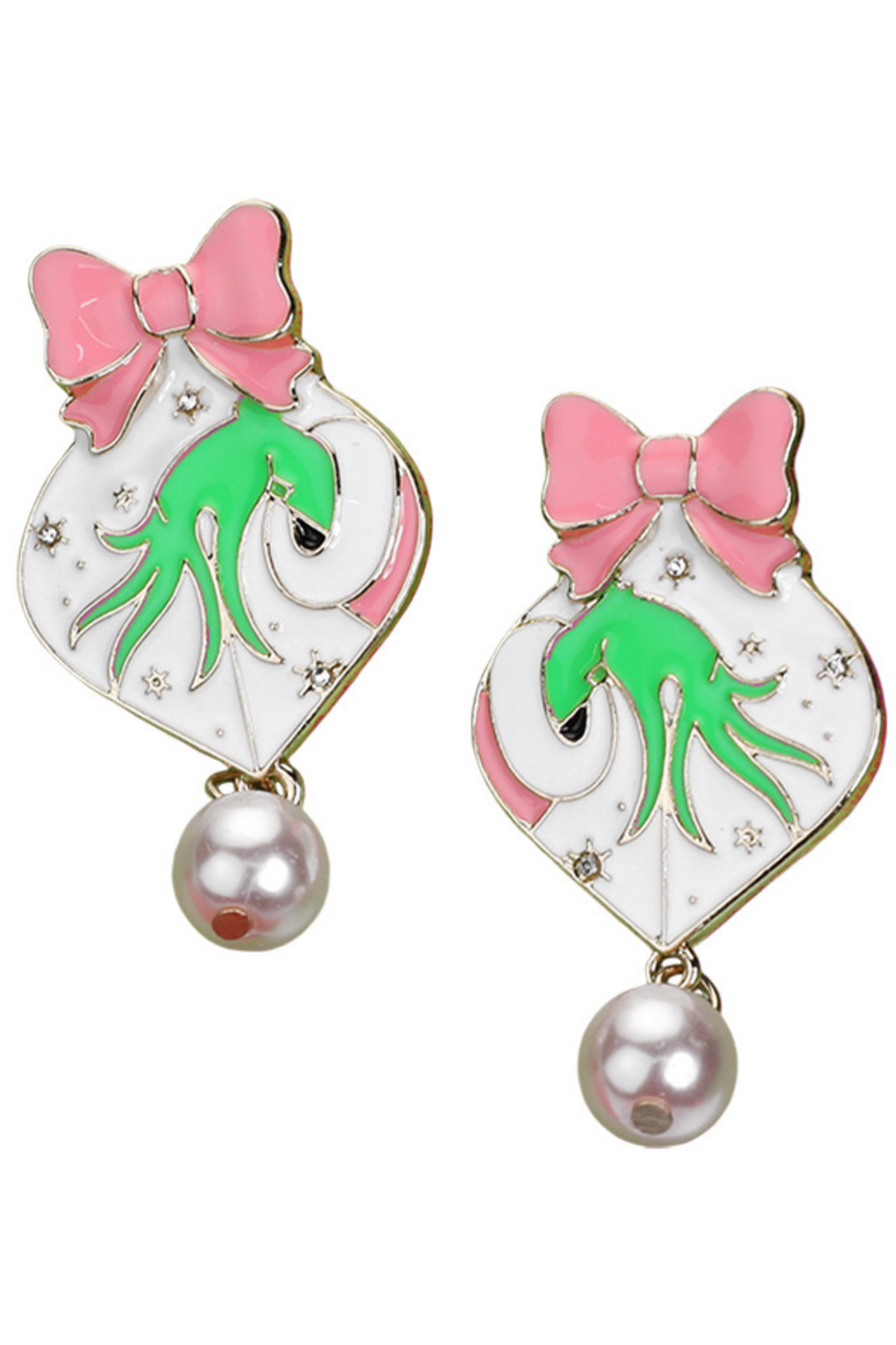 Pearl Dangle Enamel Christmas Grinch Hand Earrings