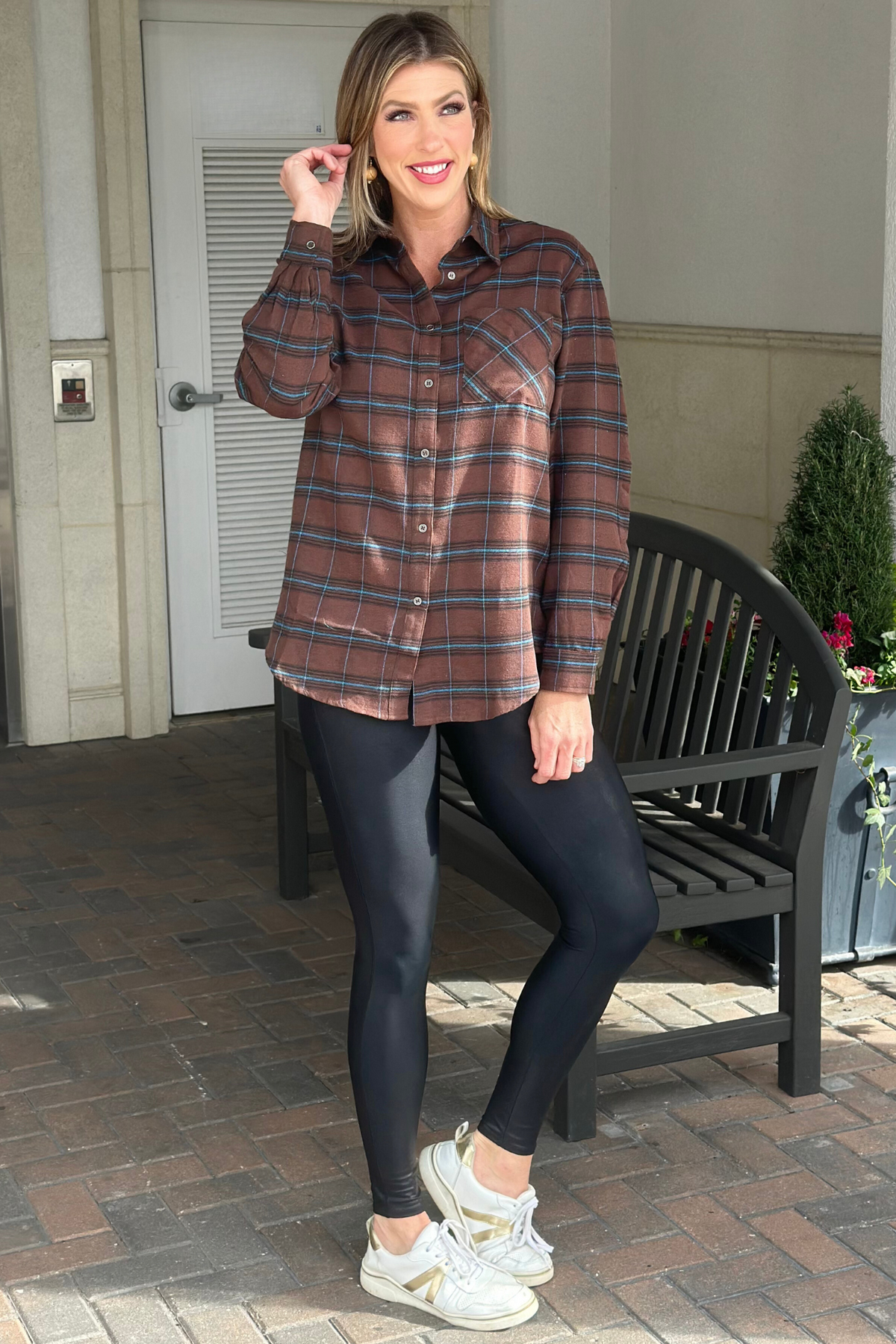 Kenny Plaid Loose Fit Button Down Top-Brown