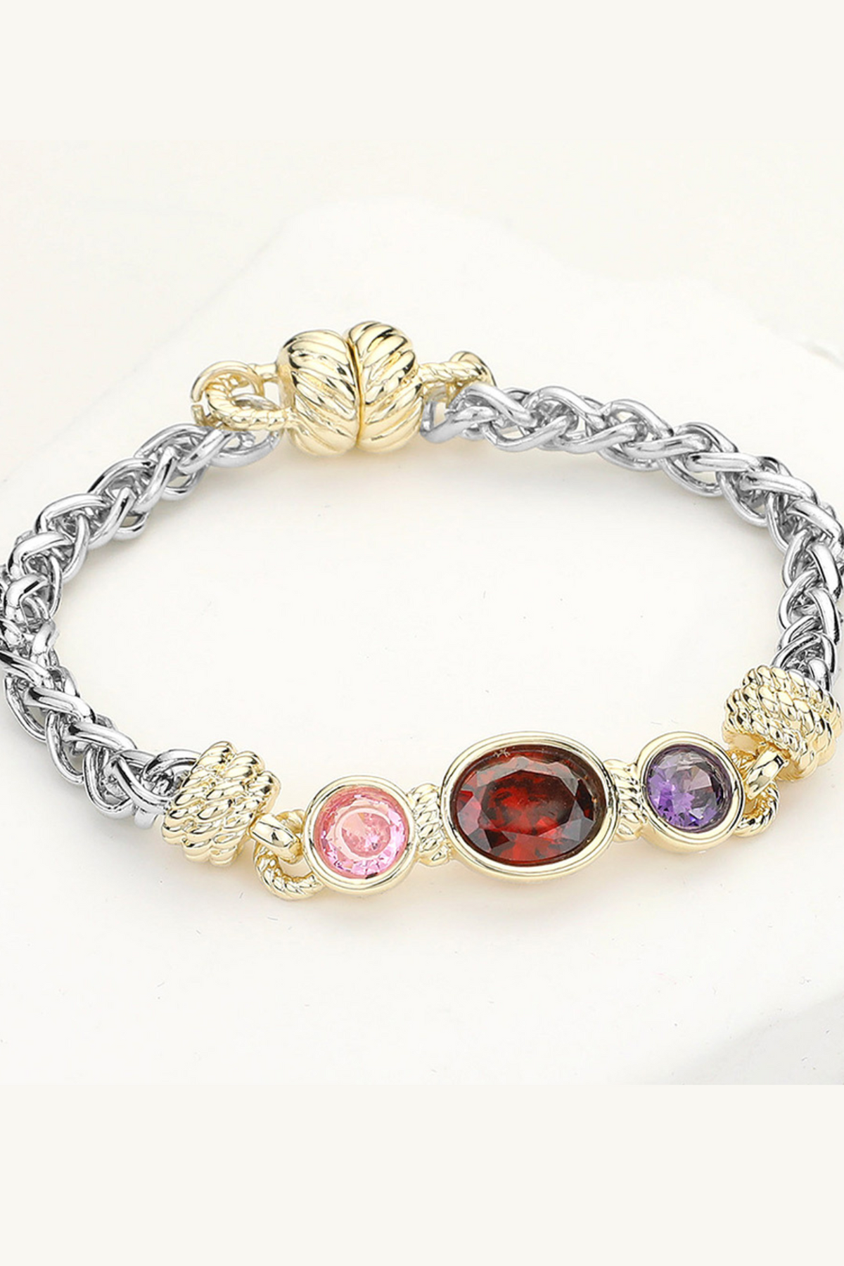 Plated Two Tone Triple CZ Stone Pointed Magnetic Bracelet