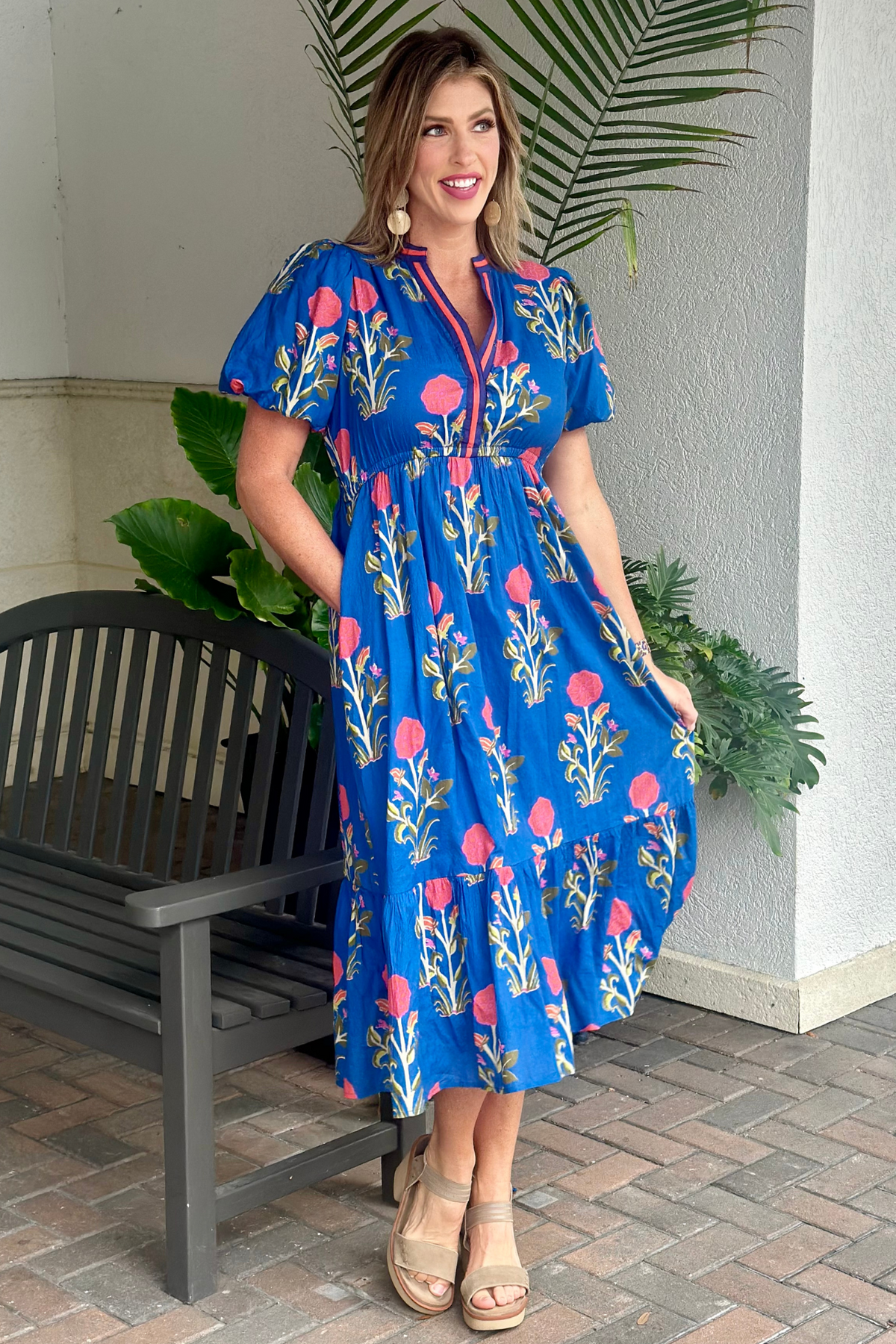 THML Florida Fall Puff Sleeve Flower Print Maxi Dress