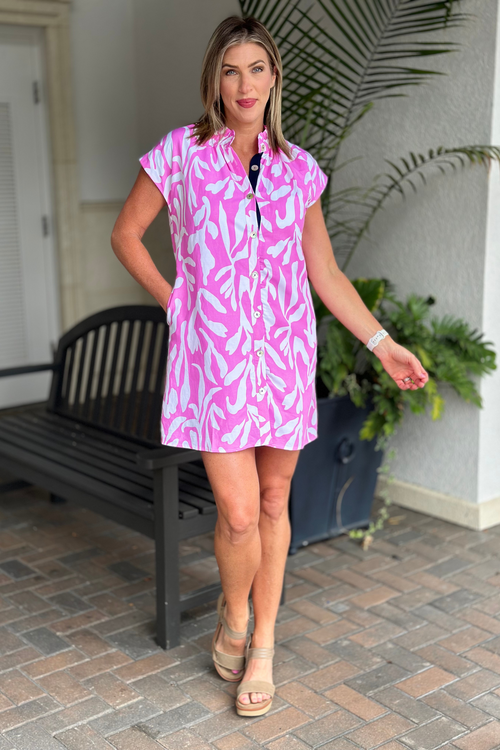 THML Charleston Abstract Print Button Down Dress-Pink