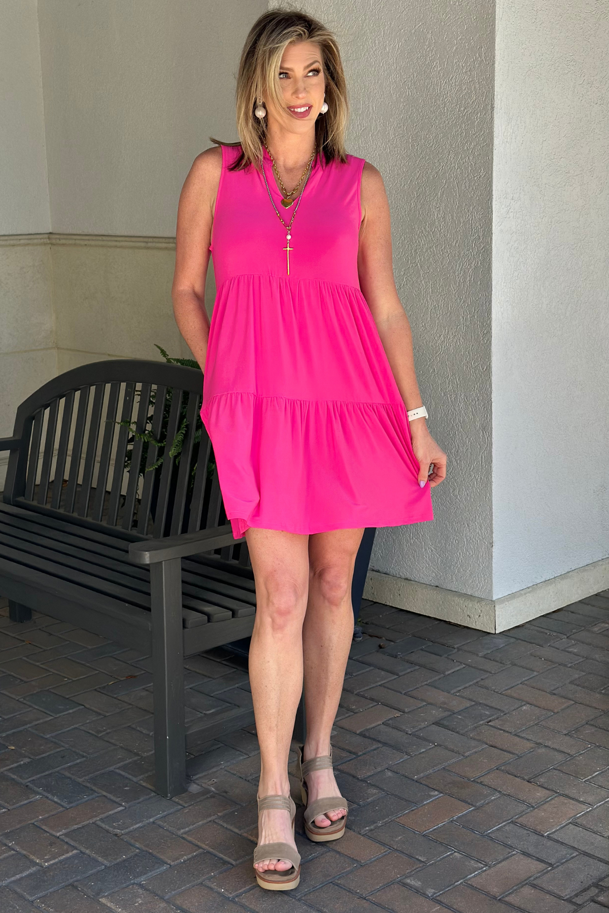 TPN Lizzy Go-To Tiered Dress in Hot Pink