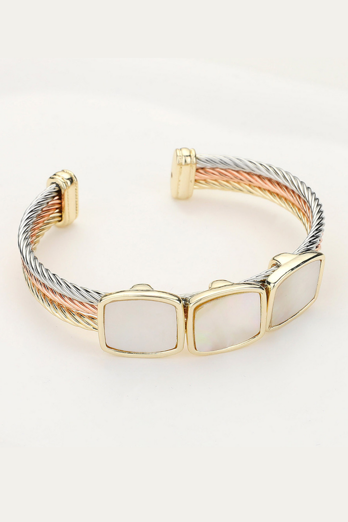 Three Tone Triple Mother Of Pearl Square Accented Cuff Bracelet