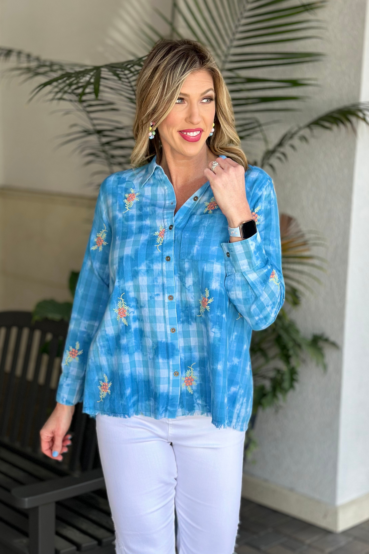 Tru Luxe Clear Skies Checked Floral Button Down Top