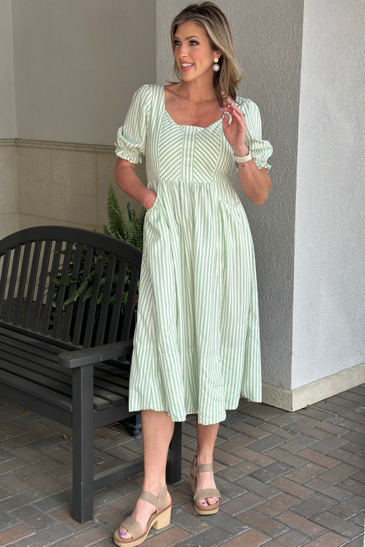 Minty Stripe Puff Sleeve Midi Dress