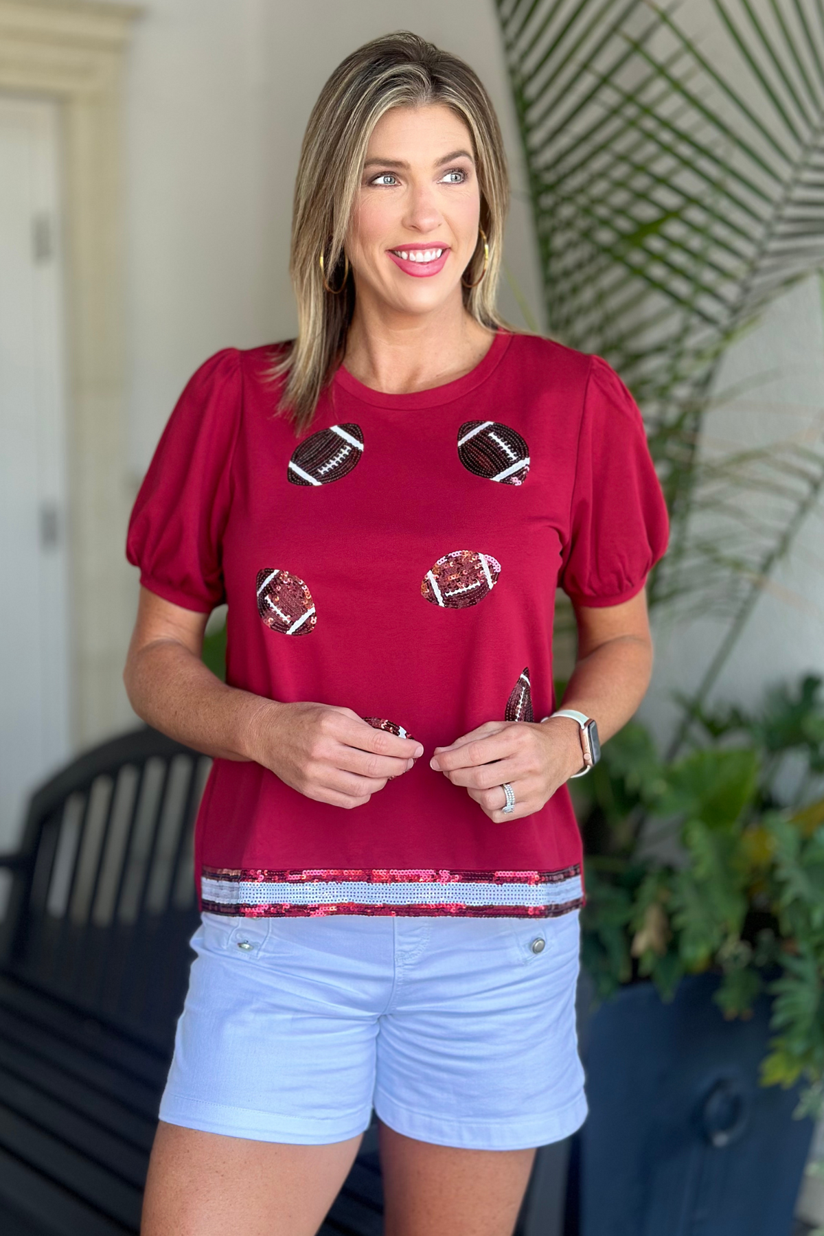 Ready To Tailgate Sequin Round Neck Top-Wine