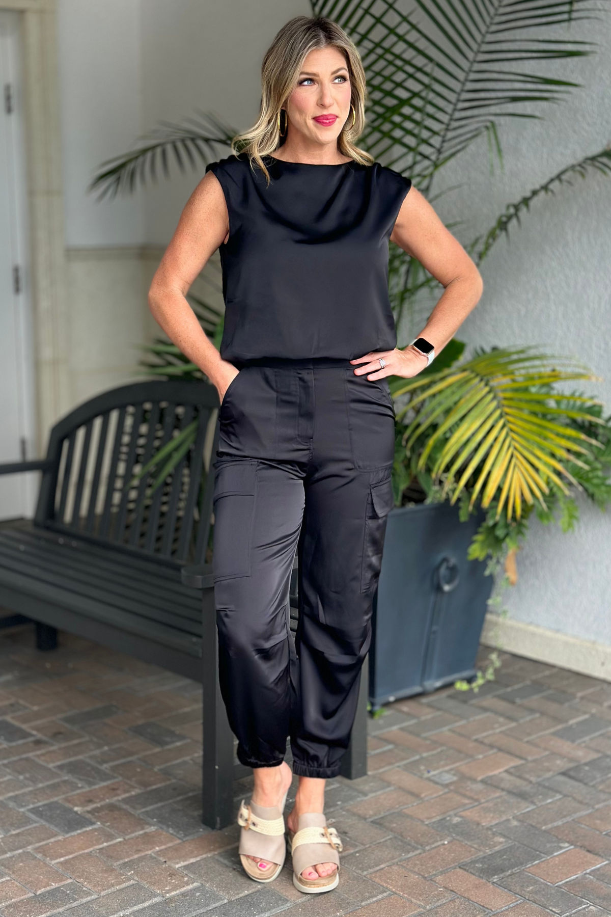 Joah Satin Cargo Pants-Black