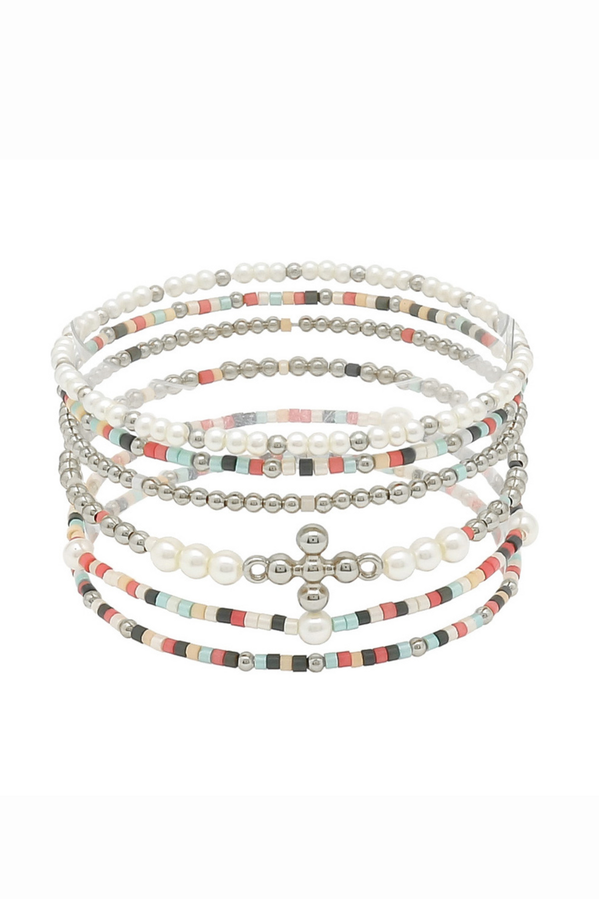 Cross Accent Dainty Multi Layered Beaded Stretch Bracelet