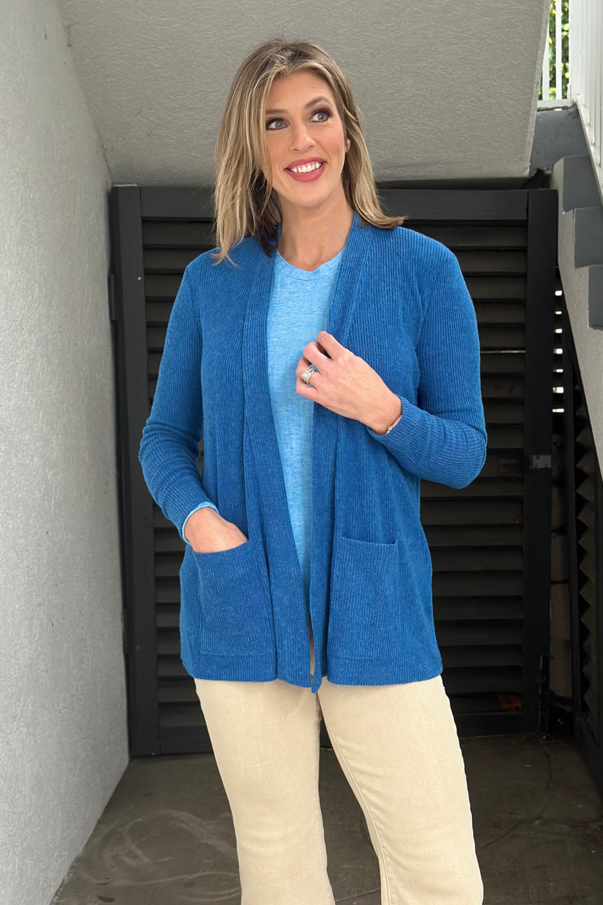 Eyes On You Ribbed Open Front Cardigan-Blue