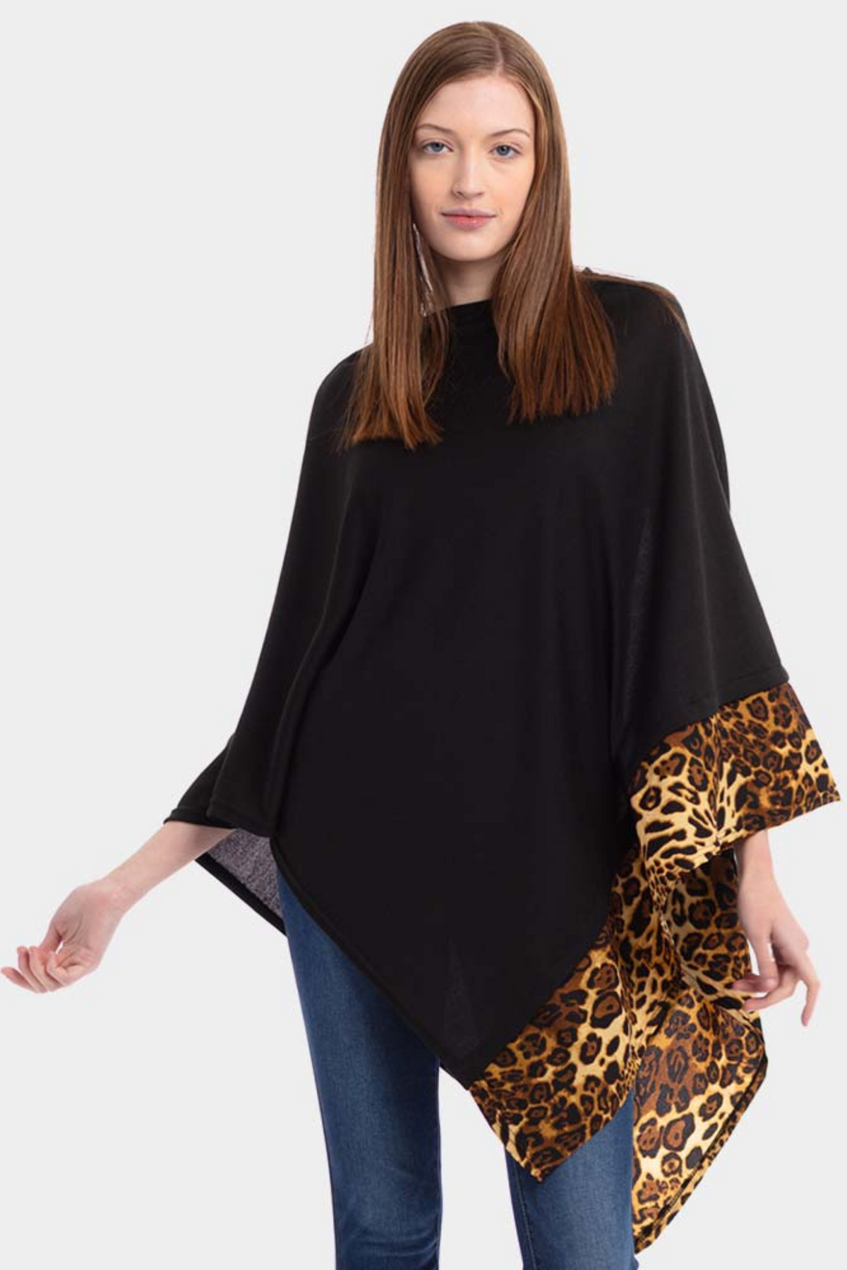 Leopard Trim Solid Poncho