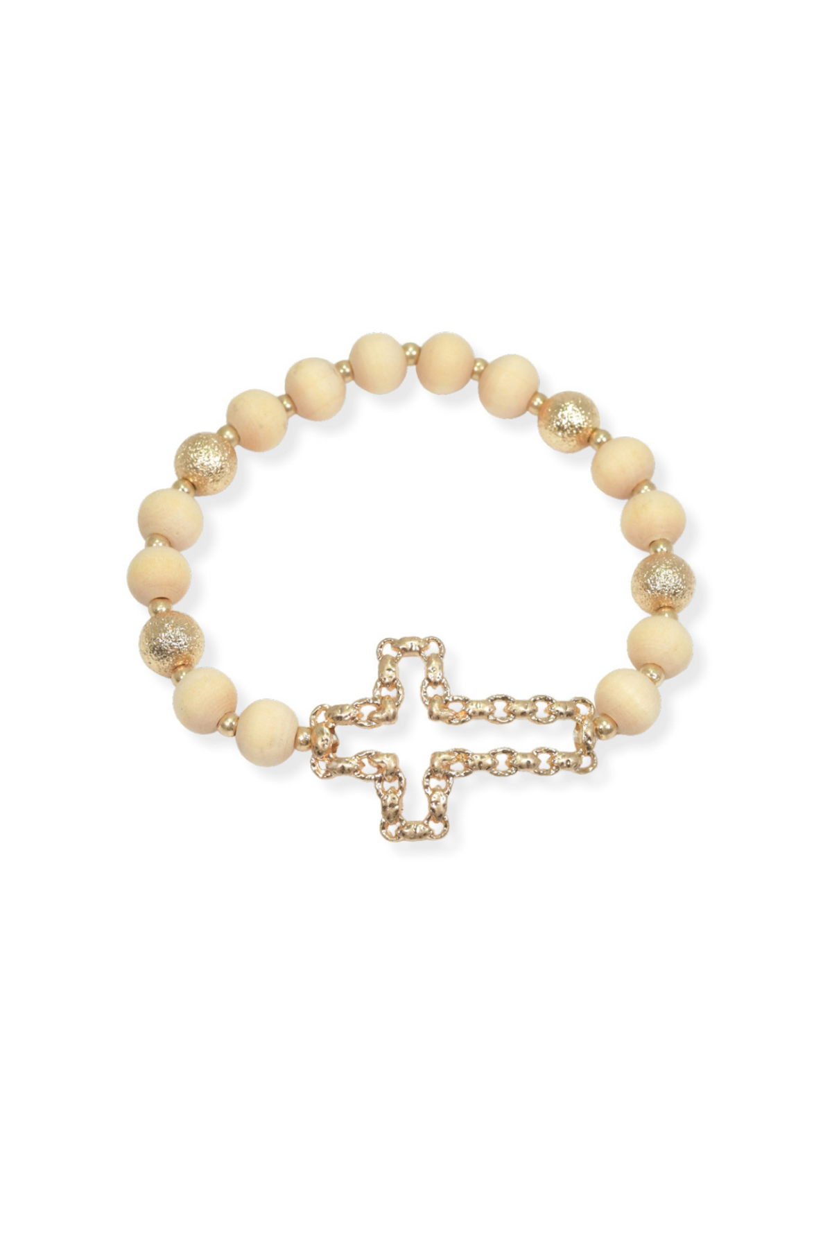 Cross Wood Beaded Stretch Bracelet-Ivory