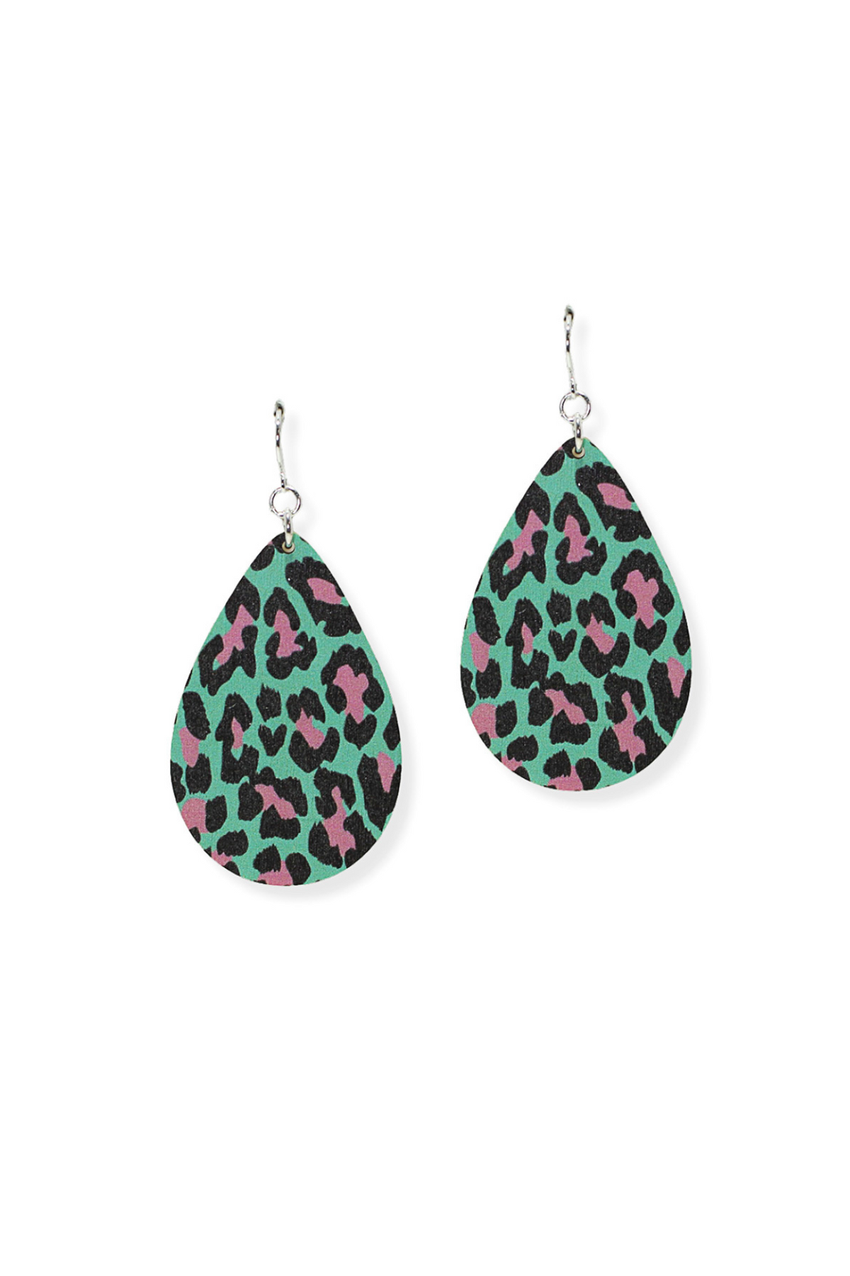 Leopard Print Teardrop Wood Dangle Earrings-Teal