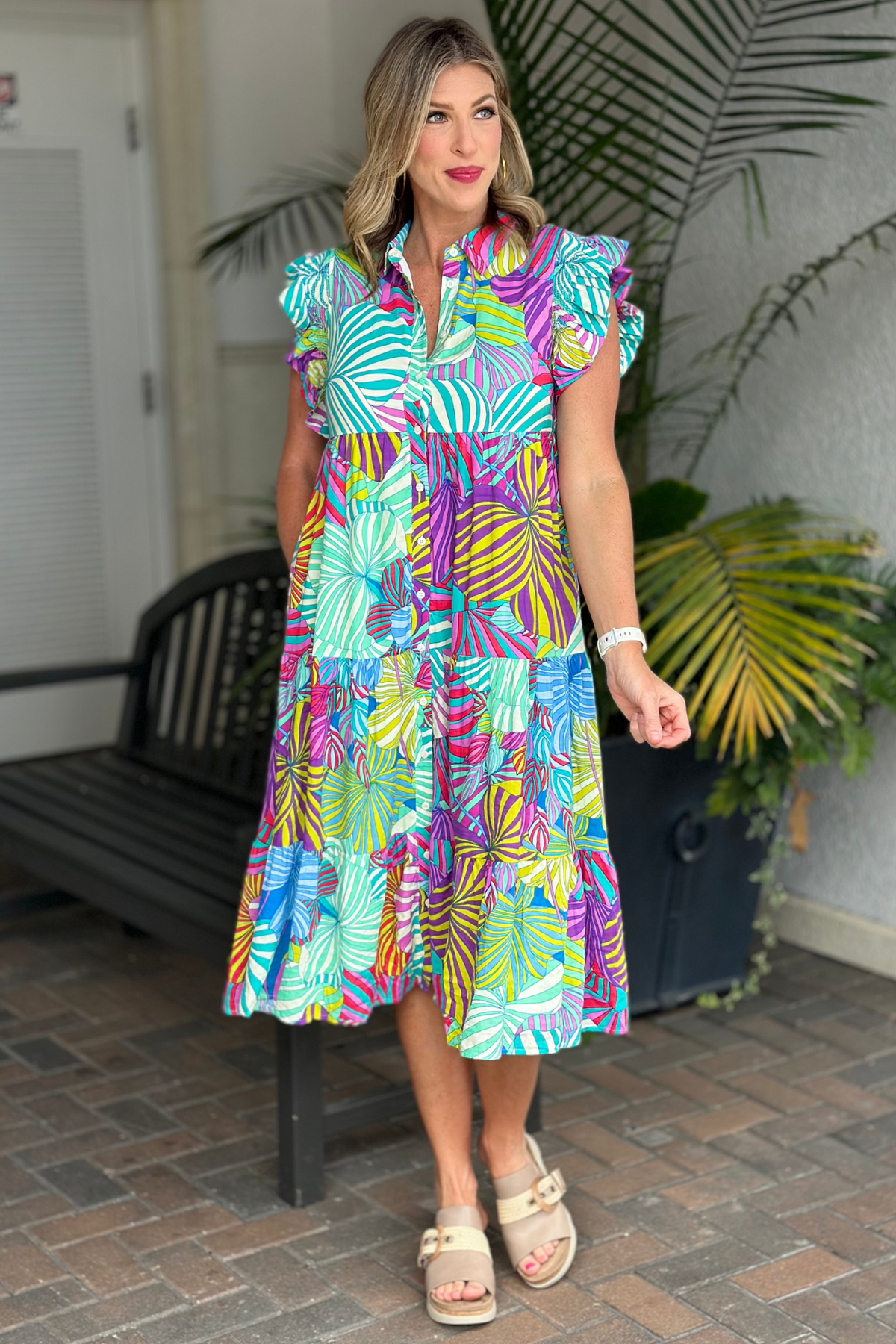 Daphne Multicolor Palm Print Midi Dress