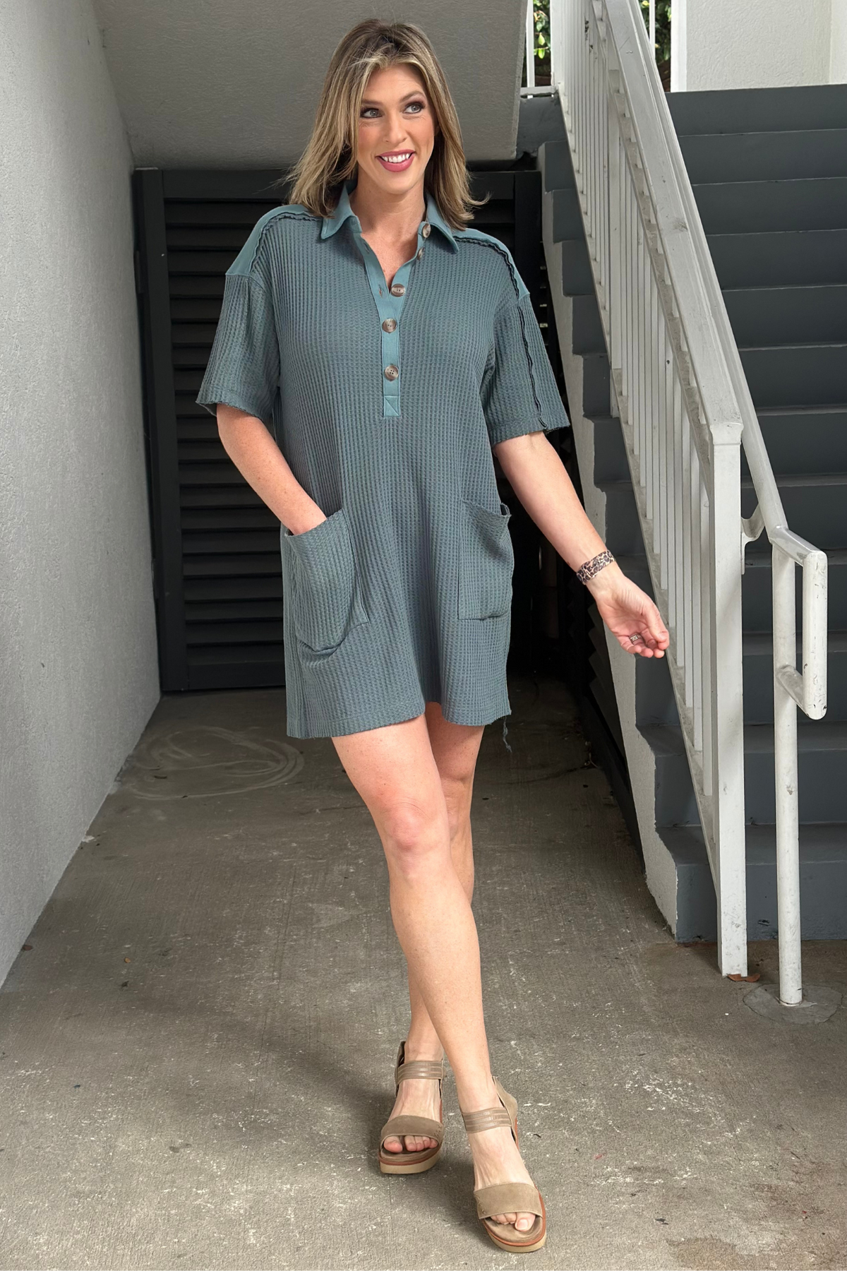 Don't Stop Me Waffle Knit Pocket Dress-Jade